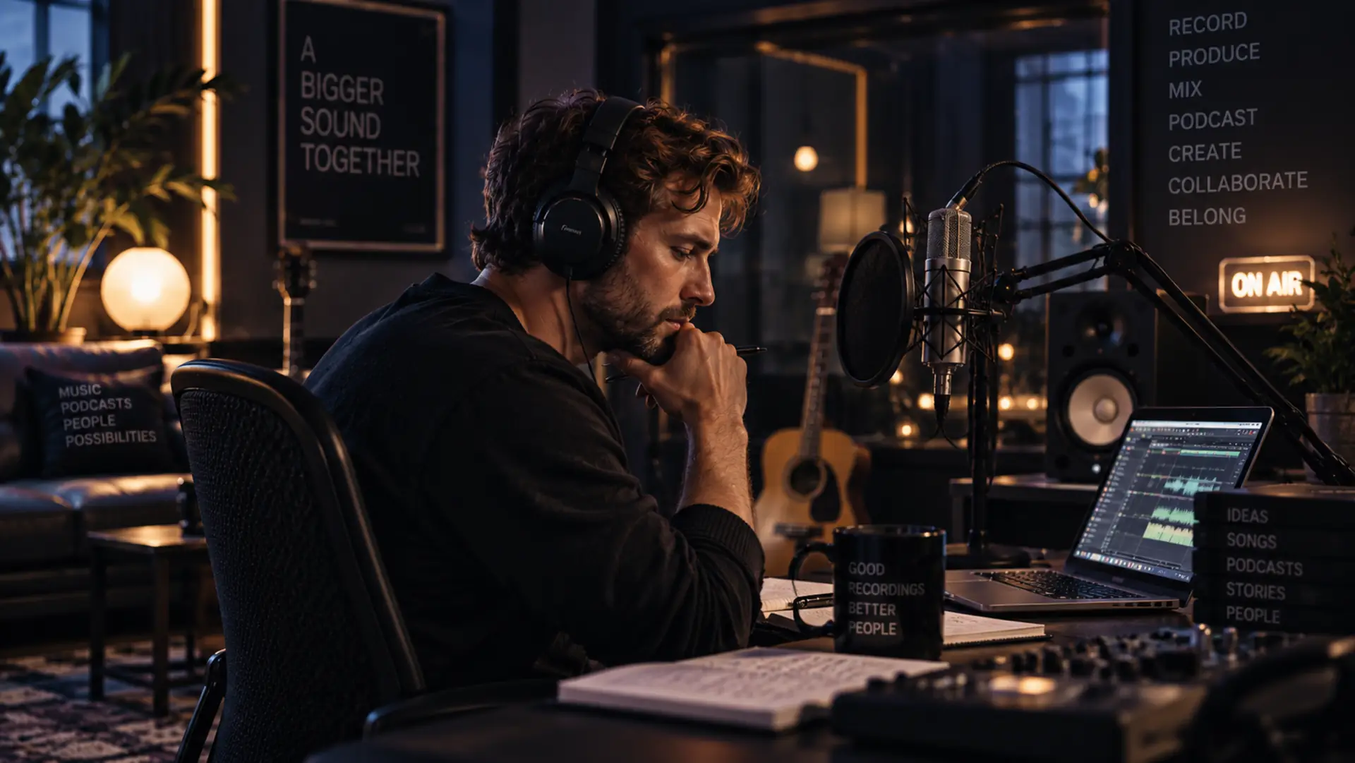 Creator working at a warm, low-lit recording desk with headphones, microphone and audio software
